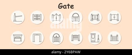 Symbol „Gate Set“. Zauntore, Doppeltüren, Rundgriff, dekoratives Tor, Holzbarriere, Schiebetor, Hauseingang, Sicherheitstor, Begrenzungsscheide Stock Vektor