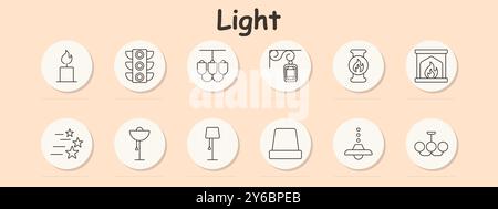 Symbol für Lichteinstellung. Kerze, Ampel, Kronleuchter, Hängelampe, Kamin, Stehlampe, Tischlampe, Deckenleuchte, Pendelleuchte, Kandelaber Stock Vektor