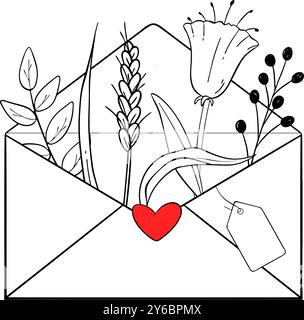 Ein Umschlag mit wunderschönen Blumen und einem Herz, das Liebe und Verbindung symbolisiert Stock Vektor