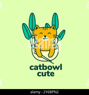 Katze Kätzchen spielt Schüssel Nudel hinterlässt bunte moderne Logo Vektor Icon Illustration Stock Vektor