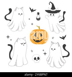 Set Halloween Geisterkatzen mit Hexenhut, niedliche Doodle Charaktere in Kostümen niedliche gruselige Dekoration, Linie. Fledermaus, Sterne, Mondelemente. Tier mit schwarzem Schwanz. . Vektorabbildung Stock Vektor