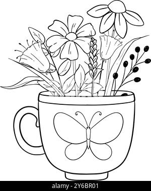 Eine wunderschöne Teetasse mit Blumenmuster und elegantem Schmetterlingsdesign, perfekt für Malaktivitäten Stock Vektor