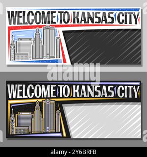 Vektor-Layout für Kansas City mit Kopierraum, dekoratives Ticket mit Illustration der städtischen missouri Stadtlandschaft am Tag und Abenddämmerung Hintergrund, Kunst des Stock Vektor