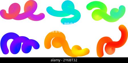 Abstrakte 3D-Flüssigkeitsformen mit Fluidgradienten auf weißem Hintergrund. Set mit farbigen Vektorgrafiken-Verwirbelungselementen. Spiralförmig gekrümmte kreative helle Objekte Stock Vektor