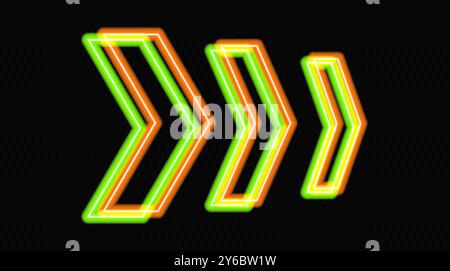 Leuchtende Neonpfeile in Orange und Grün auf transparentem Hintergrund, die in entgegengesetzte Richtungen zeigen. Futuristisches, abstraktes Design mit modernem Minim Stock Vektor