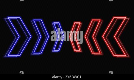 Leuchtende Neonpfeile in Blau und Rot auf transparentem Hintergrund, die in entgegengesetzte Richtungen zeigen. Futuristisches, abstraktes Design mit modernem, minimalistischem Design Stock Vektor