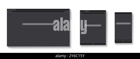 Responsive Browser-Fenster-Mockup mit url-Adressleiste, Suchfeld und Symbolleiste. Vektorsatz der Website-Vorlage für die Softwarepräsentation auf Computer oder Laptop, Tablet und Mobiltelefon. Stock Vektor