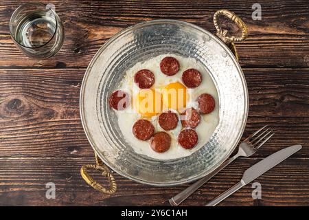 Eier mit türkischer Wurst in einer Kupferpfanne auf einem Holztisch. Türkischer Name sucuklu yumurta Stockfoto