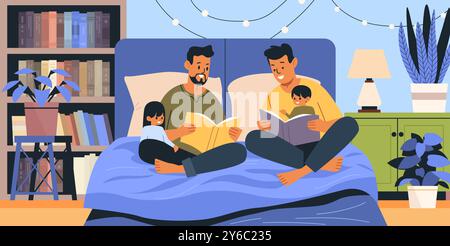 Familie liest Schlafensgeschichte zusammen gemütliche Schlafzimmer Eltern Kinder kleben Bücherregalpflanzen Stock Vektor