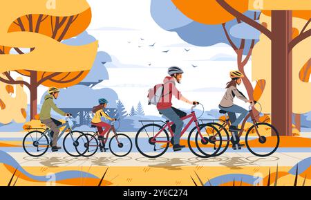 Familienradfahren Outdoor-Aktivitäten Herbst Park Bäume bunte Landschaft Vögel Himmel Website Banner Stock Vektor