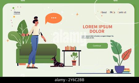 Frau mit Hund im Wohnzimmer Illustration zeigt gesunden Lebensstil modernes Innenraum grüne Möbel Pflanzen Bücher Website Design Stock Vektor