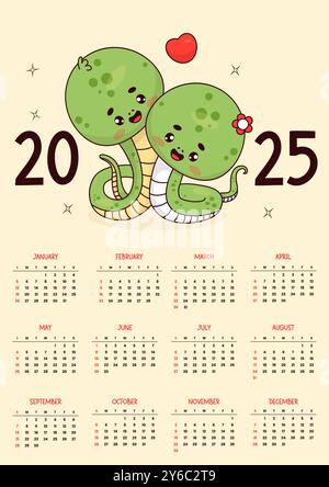 Jahreskalender 2025. Paar süße Schlangen mit Herz. Lustige Kawaii-Figur. Vertikale Vektorvorlage 12 Monate auf Englisch. Woche beginnt Sonntag. 2025 J Stock Vektor