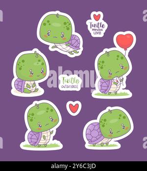 Niedliche Schildkröten Aufkleber. Lustige Cartoon-Tiere, die schweben, mit Ballon und coolen Sprüchen. Isolierte Kawaii-Zeichen. Vektorabbildung. Kinder Col Stock Vektor