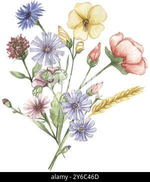 Aquarell Hand gezeichnete Wiese Blumen Blumenstrauß Illustration, botanische Wildblumen Anordnung Stockfoto