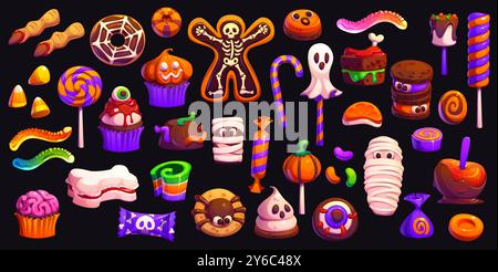 Cartoon Halloween-Feiertags-Süßigkeiten und Desserts, Vektortrick oder Leckerli-Essen. Halloween-Bonbons, Kürbis-Lutscher und -Cupcakes, Schokoladenkuchen, Augapfel- und Maisbonbons. Geist, Schädel, Mumienbonbons Stock Vektor