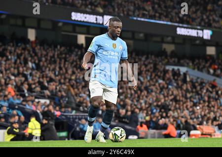 Jérémy Doku von Manchester City in Aktion während des Carabao Cup-Spiels Manchester City gegen Watford im Etihad Stadium, Manchester, Großbritannien, 24. September 2024 (Foto: Cody Froggatt/News Images) Stockfoto