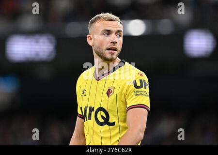 Ryan Porteous aus Watford während des Carabao Cup-Spiels Manchester City gegen Watford im Etihad Stadium, Manchester, Vereinigtes Königreich. September 2024. (Foto: Cody Froggatt/News Images) in Manchester, Großbritannien am 24.9.2024. (Foto: Cody Froggatt/News Images/SIPA USA) Credit: SIPA USA/Alamy Live News Stockfoto