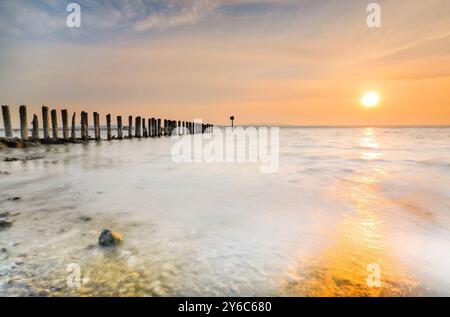 Goldener Sonnenaufgang am Ufer des Bodensees mit Steg. Bei Altnau im Kanton Thurgau, Schweiz Stockfoto
