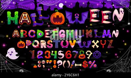 Halloween-Zeichentrickschrift, böse Schrift, lustige gruselige Schrift, gruselige Monster-Buchstaben und Zahlen. Vektor Halloween englische abc Schriftart mit Halloween Feiertag Horror Geist, Kürbis und Fledermaus Stock Vektor