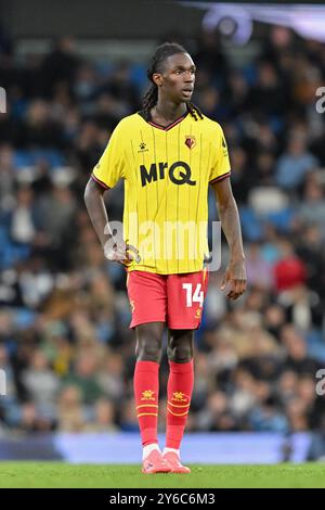 Pierre Dwomoh aus Watford während des Carabao Cup-Spiels Manchester City gegen Watford im Etihad Stadium, Manchester, Vereinigtes Königreich. September 2024. (Foto: Cody Froggatt/News Images) in Manchester, Großbritannien am 24.9.2024. (Foto: Cody Froggatt/News Images/SIPA USA) Credit: SIPA USA/Alamy Live News Stockfoto