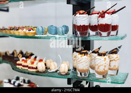 Verschiedene Arten von süßen Desserts, Moussen, Keksen. Schokoriegel zum Nachdenken. Weichzeichner Stockfoto