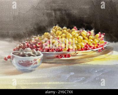 Rote und gelbe Johannisbeerbeeren auf Teller auf TafelAquarellmalerei Stockfoto