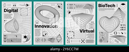 Brutalism y2k Poster mit Retro-Raster und abstrakten 3D-Formen. Futuristische, brutale digitale Innovation und biotechnologische Schwarzweiß-Vorlagen mit 3D-Drahtmodellmuster und dreidimensionalen Figuren Stock Vektor