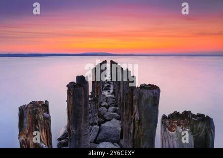 Antike Anlegestelle am Bodensee bei Sonnenaufgang gegen das Licht, Kanton Thurgau, Schweiz Stockfoto