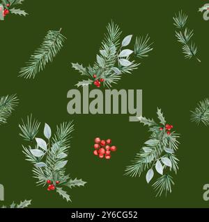 Nahtloses Aquarellmuster mit einem Blumenstrauß aus Fichten- und Kiefernzweigen, stechpalme und roten Beeren auf grünem Hintergrund Stockfoto