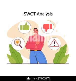 Planung und Organisation. Charakterplanung und Entscheidungsfindung mit einer swot-Analyse. Zeitplan Organisation, Stärken, Schwächen, Chancen und Bedrohungen. Illustration des flachen Vektors Stock Vektor