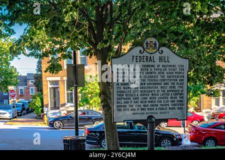 Baltimore, Maryland, USA-9. Juli 2017: Historischer Marker auf dem Federal Hill in der Innenstadt von Baltimore. Stockfoto