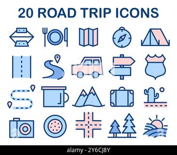Symbole für Roadtrip eingestellt. Urlaub mit dem Auto. Autofahren in den Sommerferien, Reisen um die Welt. Illustration des flachen Vektors Stock Vektor