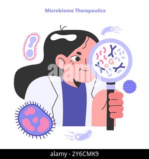 Mikrobiom-basierte Therapeutika. Antibiotika, prä- oder Probiotika und fäkale Mikrobiota-Transplantation. Wiederherstellung eines gesunden Darmmikrobioms. Illustration des flachen Vektors Stock Vektor