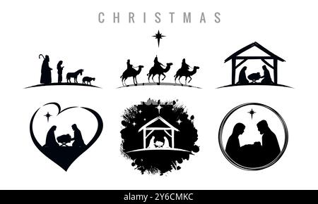 Weihnachtskrippe Set, Krippe mit dem Baby Jesus, Joseph, Maria, Hirten und drei Weisen. Sammlung von Silhouetten traditionell christlich Stock Vektor