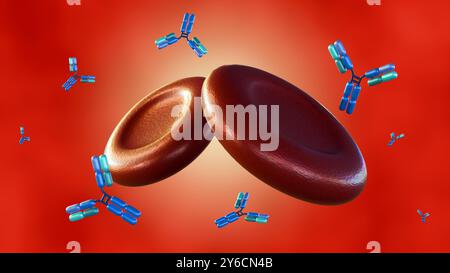 3D-Rendering von Antikörpermolekülen, die um Erythrozyten oder Erythrozyten verstreut sind. Stockfoto