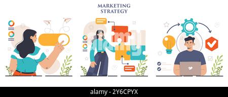 Entwicklung der Marketingstrategie. Marketingkampagne, Einleitung kommerzieller Projekte und Werbung. Spezialist für Marketingstrategien für die Geschäftsentwicklung. Illustration des flachen Vektors Stock Vektor