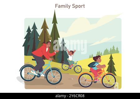 Familie auf dem Fahrrad. Glücklicher Vater und Kinder, die Sport treiben, im Wald oder im Park Radfahren. Gesunde Outdoor-Aktivität und Lebensstil. Illustration des flachen Vektors Stock Vektor