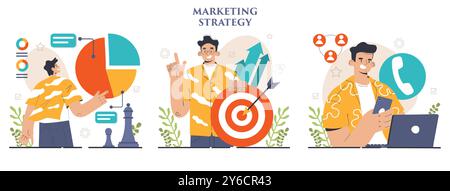Entwicklung der Marketingstrategie. Marketingkampagne, Einleitung kommerzieller Projekte und Werbung. Spezialist für Marketingstrategien für die Geschäftsentwicklung. Illustration des flachen Vektors Stock Vektor