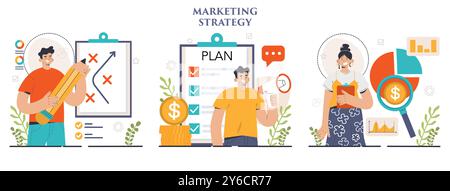 Entwicklung der Marketingstrategie. Marketingkampagne, Einleitung kommerzieller Projekte und Werbung. Spezialist für Marketingstrategien für die Geschäftsentwicklung. Illustration des flachen Vektors Stock Vektor