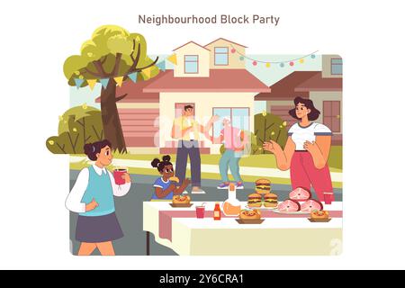 Nachbarschaftsblock Party. Leute, die sich in einem Hinterhof versammeln. Familientreffen an einem Wochenende. Wohnblocks Nachbarn mit Party im Freien, lokalem Food Festival, Grilltisch. Illustration des flachen Vektors Stock Vektor