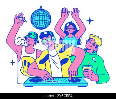 Psychedelic Trip Party. Rave Camp. Charaktere tanzen und trinken Alkohol, nehmen Drogen, Pilze und rauchen Gras auf dem Festivalcamping. Illustration des flachen Vektors Stock Vektor