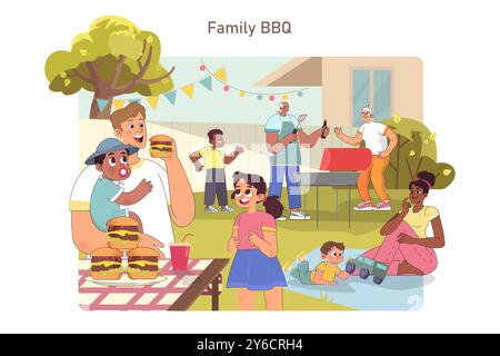 BBQ Familienparty. Charaktere, die Fleisch und Hamburger draußen grillen. Sommerurlaub mit Kindern, Eltern und Großeltern. Picknick im Hinterhof an einem Wochenende. Illustration des flachen Vektors Stock Vektor