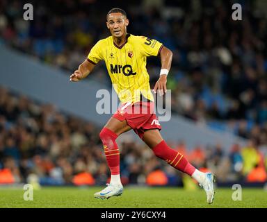 Manchester, Großbritannien. September 2024. Thomas Ince von Watford während des Carabao Cup-Spiels im Etihad Stadium in Manchester. Der Bildnachweis sollte lauten: Andrew Yates/Sportimage Credit: Sportimage Ltd/Alamy Live News Stockfoto