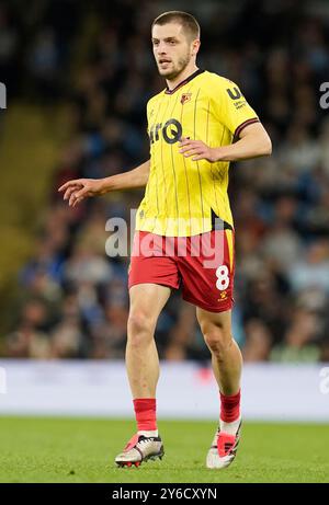 Manchester, Großbritannien. September 2024. Giorgi Chakvetadze aus Watford während des Carabao Cup-Spiels im Etihad Stadium in Manchester. Der Bildnachweis sollte lauten: Andrew Yates/Sportimage Credit: Sportimage Ltd/Alamy Live News Stockfoto