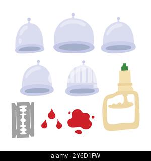 Illustrationsset Hijama-Elemente im Doodle Flat-Stil. Traditionelles Schröpftherapiekonzept. Stock Vektor