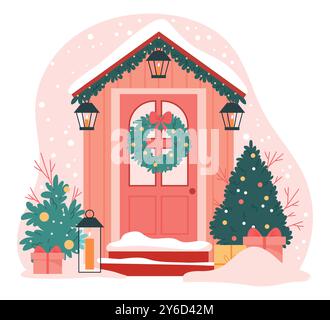 Die Eingangstür ist weihnachtlich dekoriert. Hauseingang dekoriert mit Weihnachtskranz, Laternen auf der Veranda, festliche Ornamente und Schnee im Winterurlaub. Stock Vektor