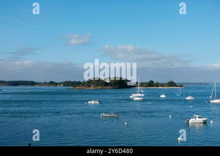 Sarzeau (Bretagne, Nordwestfrankreich): Insel Govihan, im Golf von Morbihan, vom Yachthafen Logeo aus gesehen Stockfoto