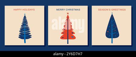 Ein Set handgezeichneter Weihnachtskarten mit Bäumen und Inschriften. Grußkarten mit Weihnachtsbäumen. Stock Vektor