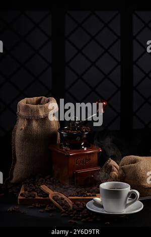 Kaffeemühle, fotografiert vor dem Hintergrund eines Fensterschattens und auf ein Tablett gestellt, ein kleiner Kaffeelöffel zum Aufschöpfen von Kaffeebohnen Stockfoto