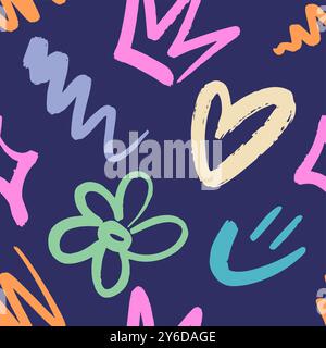 Verspieltes nahtloses Graffiti-Muster in Neonfarben. Urban Typografie Print mit Smile, Crown, Heart, Daisy. Abstraktes grafisches Underground-Unisex-Design für T-Shirts und Sweatshirts für Teenager. Stock Vektor